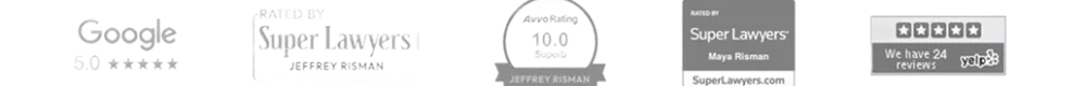 Google 5.0 rating, Super Lawyers (Jeffrey Risman), Avvo Rating 10.0 Superb (Jeffrey Risman), Super Lawyers (Maya Risman), Yelp rating